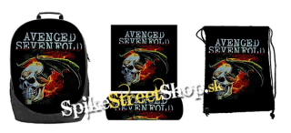 Hurá do školy - sada AVENGED SEVENFOLD - Flaming Bat Skull (ruksak, peračník a vak na prezuvky)