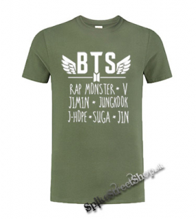 BTS - BANGTAN BOYS - Logo And Names - olivové pánske tričko